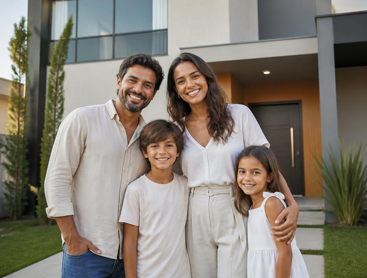 Família sorrindo em frente à sua nova casa moderna