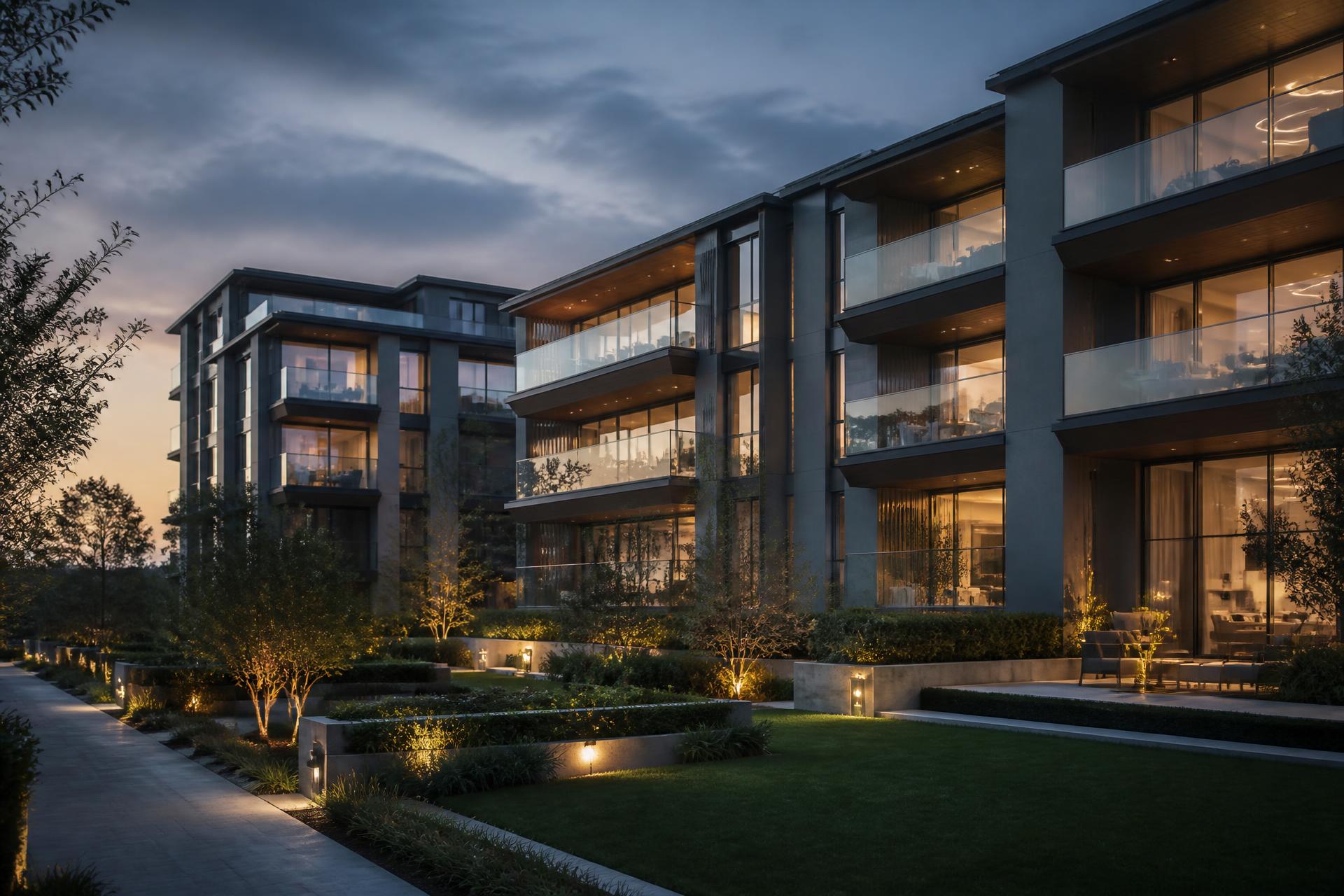 Condomínio residencial moderno ao entardecer, com fachadas de vidro iluminadas